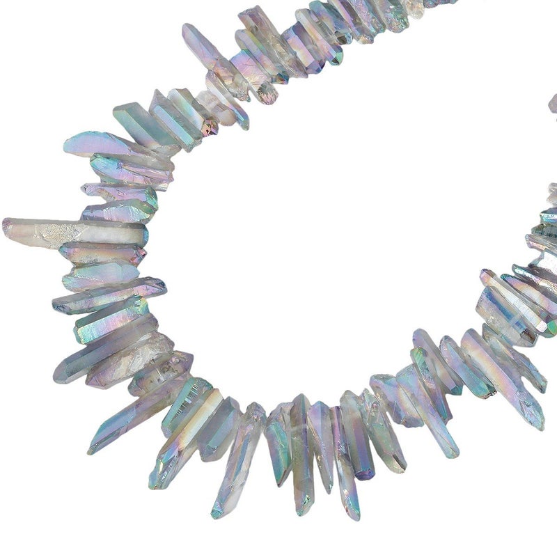 SUNYIK Transparent Green Titanium Coated Crystal Points Quartz Rough Sticks Spikes Point Beads 15 inch Strand Drilled - Image 2